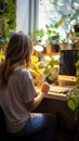 Home workspace Woman at computer with green plants near window