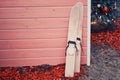 Home yard decoration with retro wooden skis before Christmas and new year