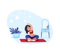 Home yoga. Cartoon woman meditating and doing breathing exercises. Character sitting in lotus position. Young female in Royalty Free Stock Photo