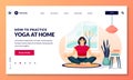 Home yoga exercise practice, meditation. Young woman sits in lotus position in cozy room. Vector character illustration