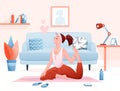 Home yoga flat vector illustration, cartoon young beautiful woman character sitting in asana yoga pose, healthy sport Royalty Free Stock Photo