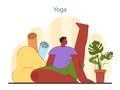 Home yoga illustration. A man practices a yoga pose in a peaceful home setting.
