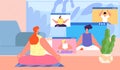 Home yoga. Online group workout, resting in meditation pose together. Modern workout streaming, fitness on video call