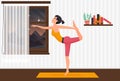 Home yoga pilates, girl exercising on yoga mat, woman stretching body in room interior