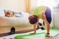 Home yoga workout during coronavirus lockdown. Kakasana crow pose. Woman training using mat by cat.