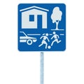 Home zone entry road sign, European Union, isolated EU residential area traffic roadside signage closeup grey pole post Royalty Free Stock Photo