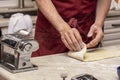 Process of making pasta with herbed pasta dough Royalty Free Stock Photo