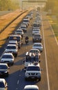 Homebound traffic crawls on the freeway to the outer suburbs in the heat