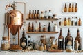 Homebrewing equipment setup on a kitchen counter, featuring fermenters, airlocks, and measuring tools, ready for artisanal beer