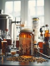Homebrewing kit in use, with a focus on a bubbling fermenter and various brewing tools in the background Isolated on a white