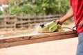 Homebuilder is using a planer to make furniture, preparing materials for home repair work, side view Royalty Free Stock Photo