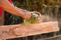 Homebuilder is using a planer to make furniture, preparing materials for home repair work. Side view Royalty Free Stock Photo