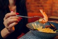 Homecooked Garlic Shrimp Scampi with Spaghetti pasta and lemon, selective focus. Royalty Free Stock Photo