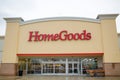 HomeGoods retail store exterior and sign. HomeGoods is a chain of home furnishing stores operated by TJX Companies.