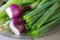 Homegrown green onion laying on plate, cutted, selective focus