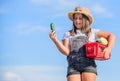 Homegrown veggies. Organic food. Sunny day at farm. Crops harvest. Vegetables in basket. Girl adorable child farming Royalty Free Stock Photo