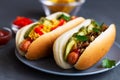 Homehand tasty Hot dogs with different toppings Royalty Free Stock Photo