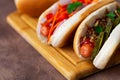 Homehand tasty Hot dogs with different toppings Royalty Free Stock Photo