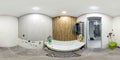 HOMEL, BELARUS - MAY 2021: 360 seamless hdri panorama view inside interior of empty bathroom without renovation and doors in