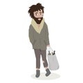 Homeless. Bearded Man in dirty rags. Vector Illustration.