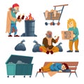 Homeless beggars cartoon vector characters set Royalty Free Stock Photo