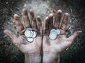 Homeless begging hand of man with money