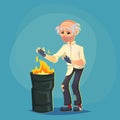 Homeless Poor old man adult warming themselves near the fire and need help isolated Cartoon Design Vector Illustration social