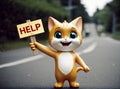 A homeless cat begs with a help sign. AI created.