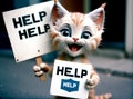 A homeless cat begs with a help sign. AI created.