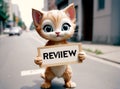 A homeless cat begs with a review sign. AI created.