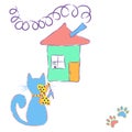 Homeless cat draws a house. Vector illustration Royalty Free Stock Photo