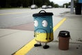 homeless chappy paint can character standing on sidewalk in front of store