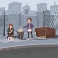 Homeless children asking for help, background cityscape, vector illustration, concept