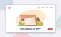 Homeless in City Landing Page Template. Poor Bum Male Character in Ragged Clothes Sleeping on Bench Covered with Paper