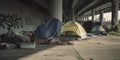A homeless encampment under a bridge, reflecting the harsh reality of insufficient affordable housing, concept of Urban Royalty Free Stock Photo
