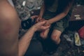 Homeless father and daughter sit on the garbage dump Royalty Free Stock Photo