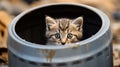 Homeless hungry cat peeking out in a trash container outdoors Royalty Free Stock Photo