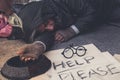 Male Beggar, Homeless hungry man show him hand want money of food at walkway street in the city, Kindness people give him