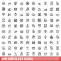 100 homeless icons set, outline style