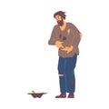 Homeless and jobless beggar male character, flat vector illustration isolated.