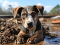 Homeless Kelpie puppy with striking eyes crouches in muddy terrain, looking up. Rescue, care of homeless animals. Shelters,