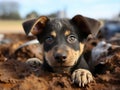 Homeless Kelpie puppy with striking eyes crouches in muddy terrain, looking up. Rescue, care of homeless animals. Shelters,