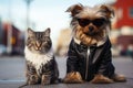 Homeless kitten and dog sitting on a city street