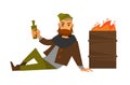 Homeless man beggar or vagrant at fire barrel vector isolated icon