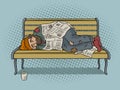 Homeless man on bench pop art vector