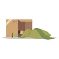 Homeless man character sleeping on the street in cardboard box, unemployment man needing help vector illustration