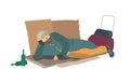 Homeless Man Dressed In Ragged Clothes Lying On Cardboard Sheets On Ground. Hobo, Bum, Tramp Or Vagabond. Person In