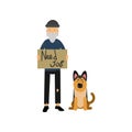Homeless man with his dog needing for job cartoon vector illustration Royalty Free Stock Photo