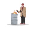 Homeless man near flaming bin semi flat RGB color vector illustration