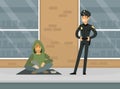 Homeless Man in Rags Sitting in the Street Begging for Money and Policeman Standing Nearby Vector Illustration Royalty Free Stock Photo